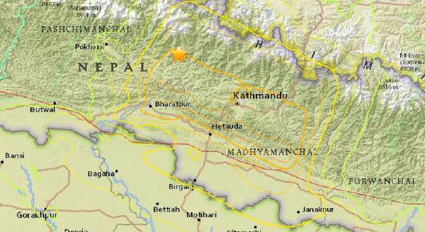 ネパール地震、usgs地図